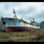 Una nave cargo arenata in un giardino in Norvegia