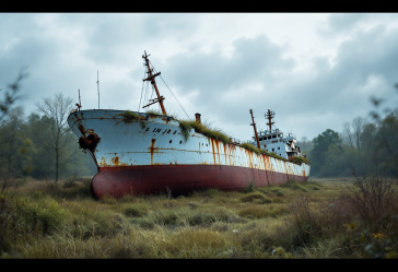 Una nave cargo arenata in un giardino in Norvegia