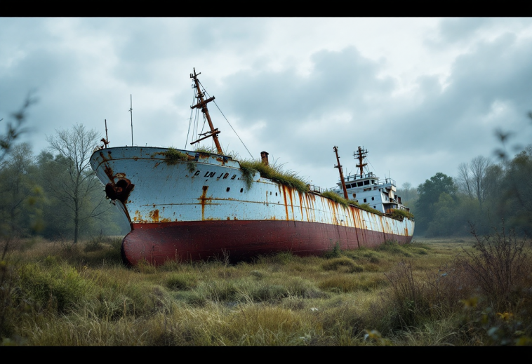 Una nave cargo arenata in un giardino in Norvegia