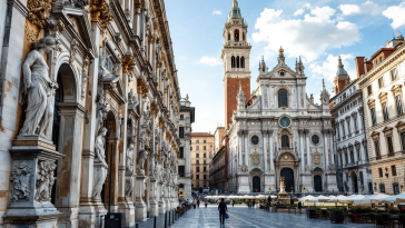 Panorama di Parma con monumenti storici e piatti tipici