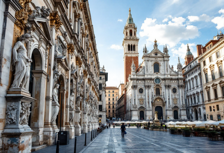 Panorama di Parma con monumenti storici e piatti tipici