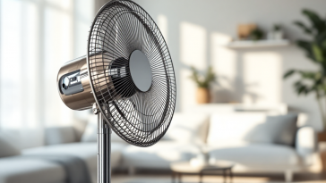 Ventilatore a piantana moderno in un ambiente estivo