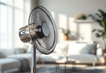 Ventilatore a piantana moderno in un ambiente estivo