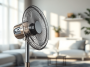 Ventilatore a piantana moderno in un ambiente estivo