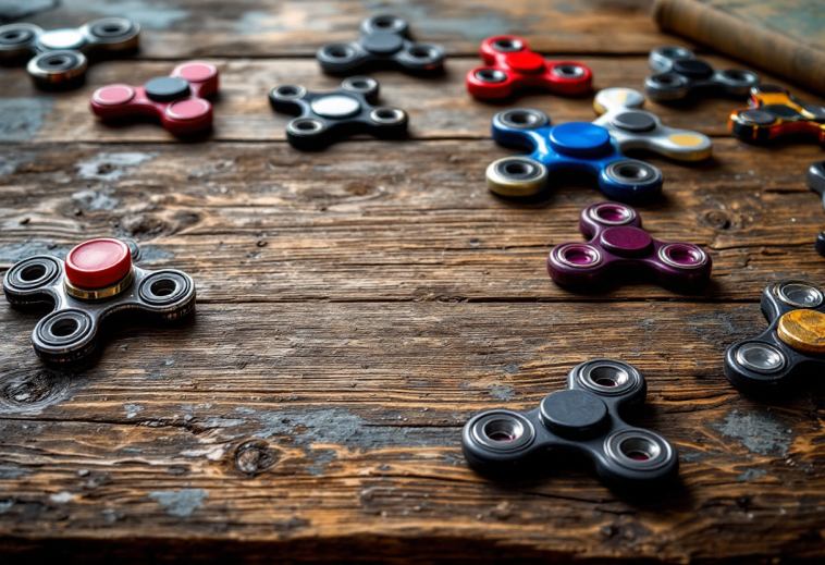 Fidget spinner colorato in movimento su sfondo bianco