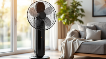 Ventilatore a torre silenzioso in un ambiente estivo