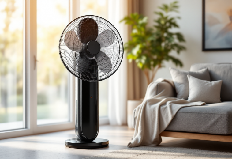 Ventilatore a torre silenzioso in un ambiente estivo